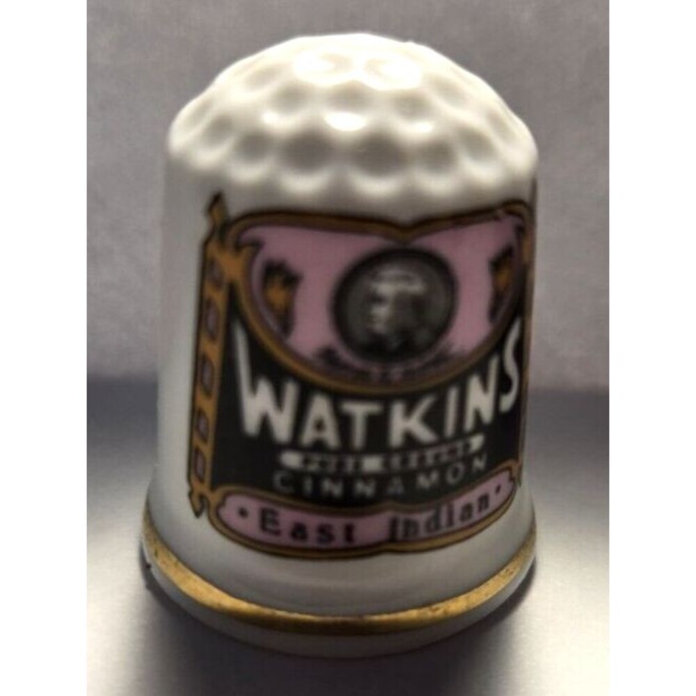 Vintage Ceramic THIMBLE Collectible Gift Watkins Pure Ground Cinnamon Label